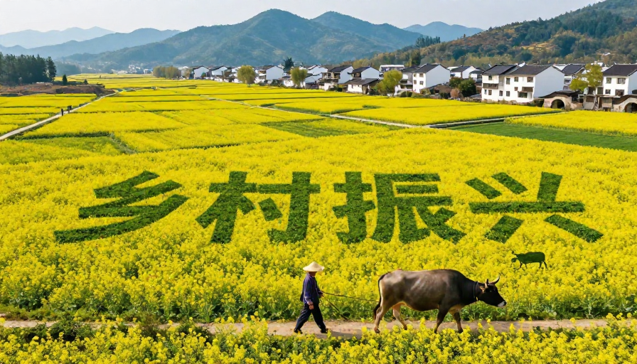 金黄油菜花田中'乡村振兴'字样与农耕场景
