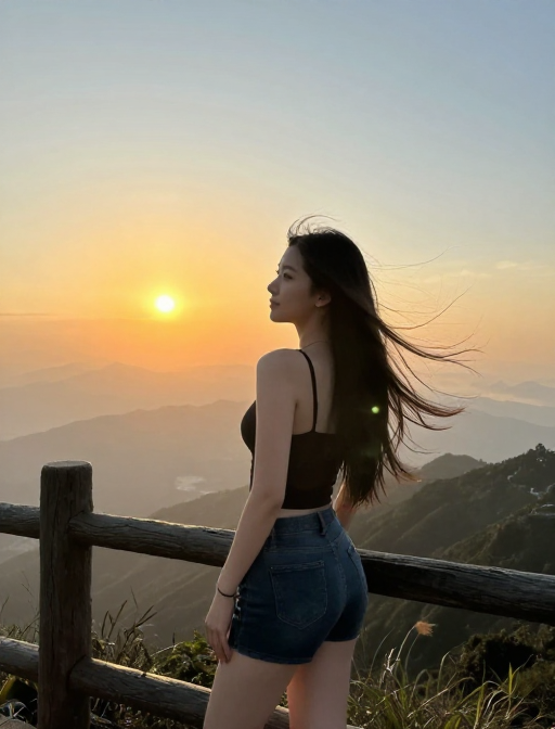山顶夕阳邂逅:长发美女与丁达尔光线的浪漫瞬间