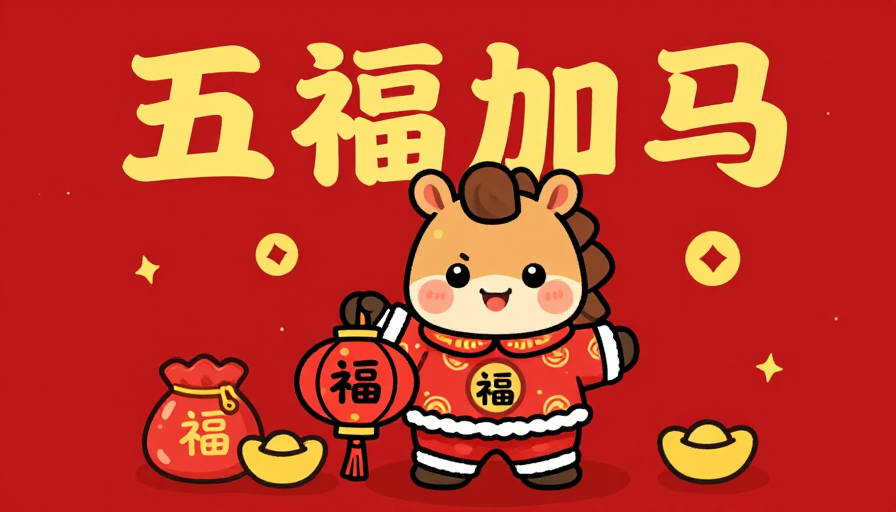 2026马年卡通插画：五福加马喜迎春