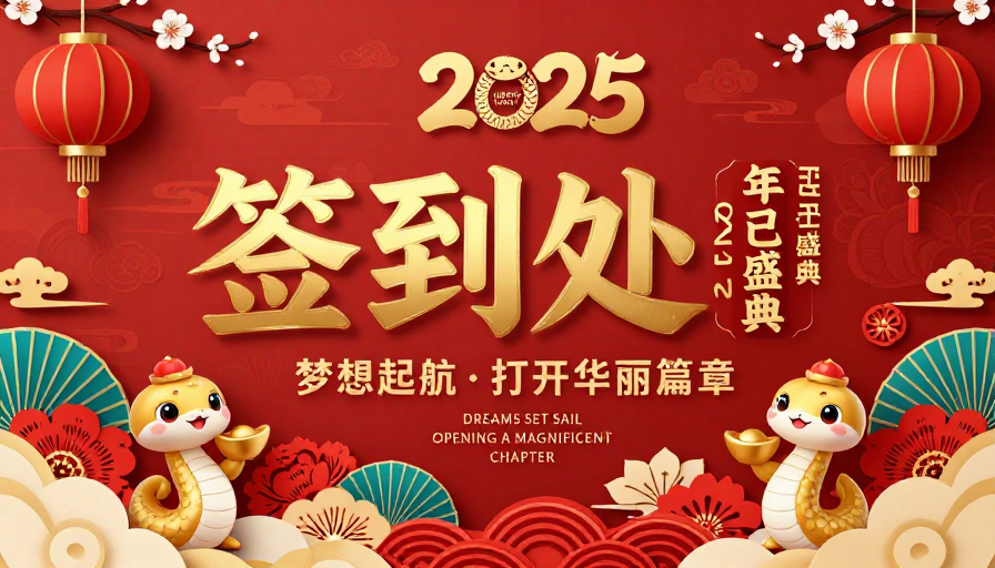 红色剪纸烫金2025新年签到处海报