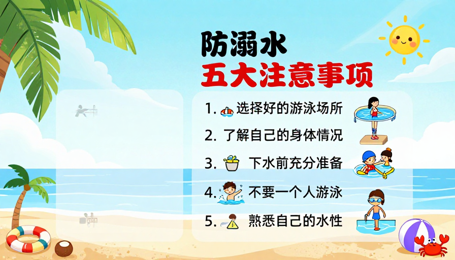 清新夏日海滩儿童防溺水教育插画