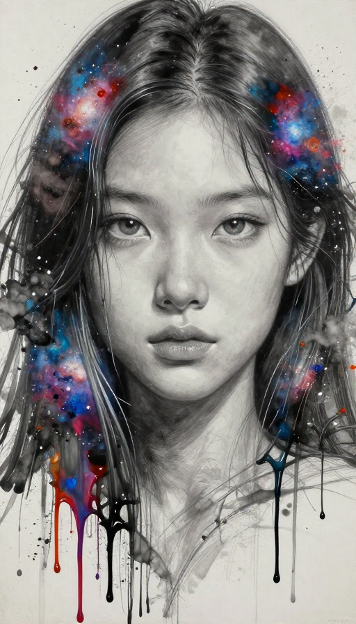 中国女孩与星云色彩的超写实抽象画作