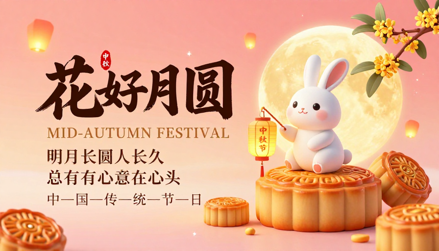 中秋佳节3D梦幻海报 花好月圆祥和氛围