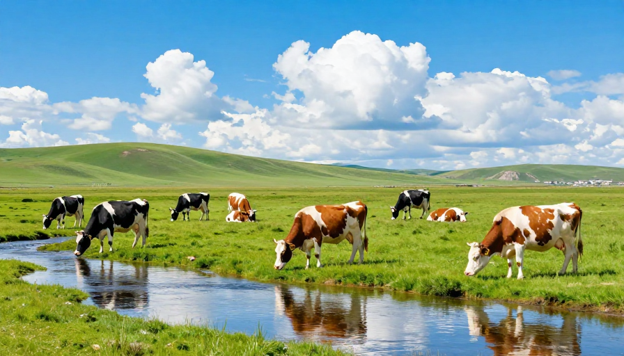 翠绿草原上的奶牛与清澈溪流正午光影