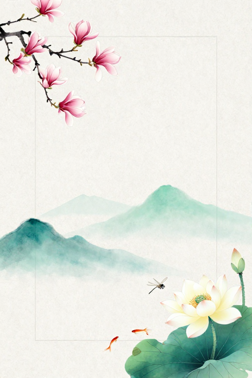 清幽国风水墨留白背景,清雅玉兰远山意境