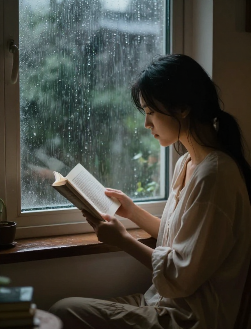 雨夜书香：窗边女子的宁静时光