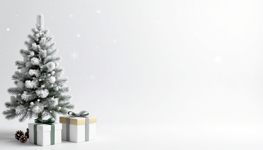 极简冬日节日背景：雪覆松与礼盒的静谧氛围