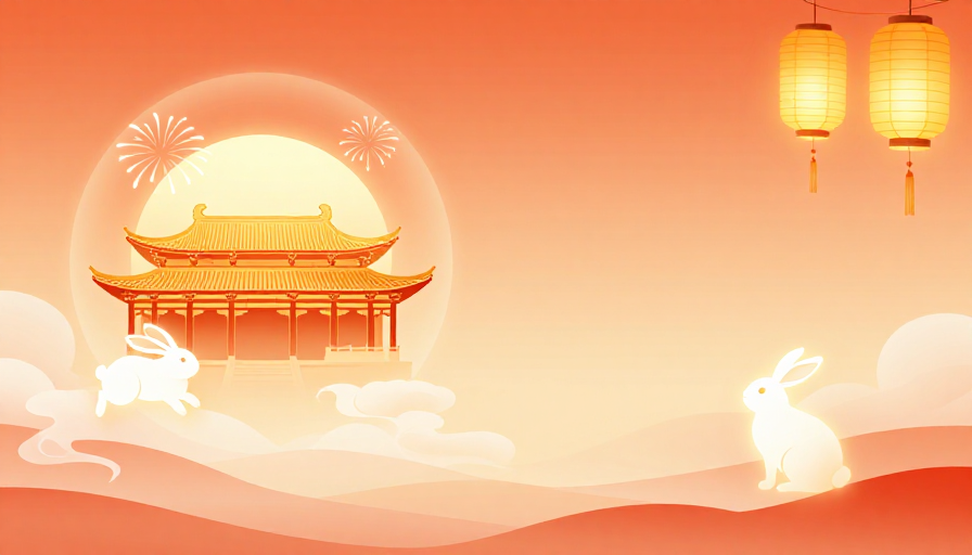 暖橙渐变下的东方祥瑞兔月图景