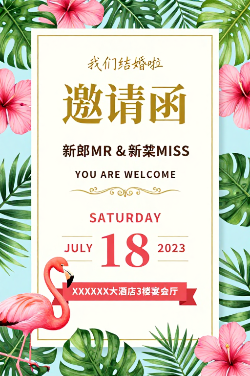 热带清新婚礼邀请函设计,浪漫度假风