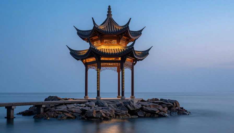 海上孤亭:东方美学与暮色光影的融合