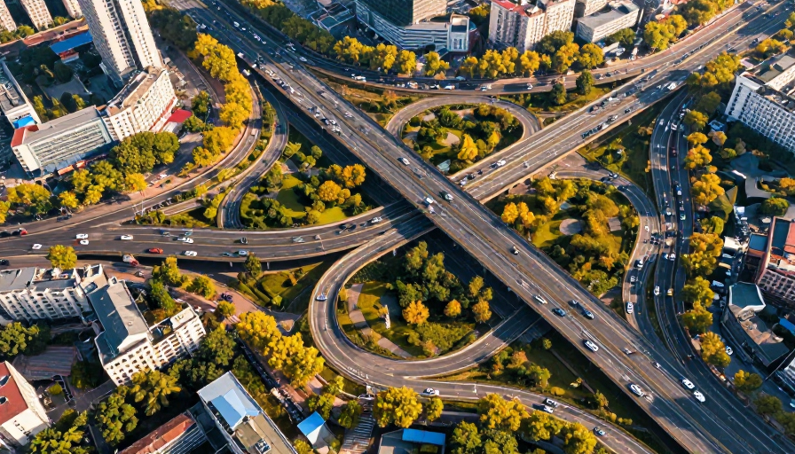 秋日暖阳下的城市交通枢纽:立体交织的流动风景