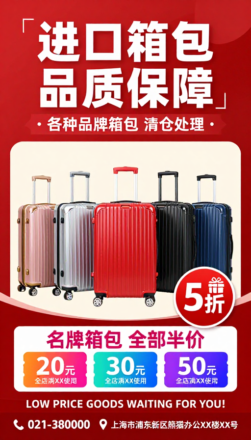 红色促销海报:进口箱包半价清仓