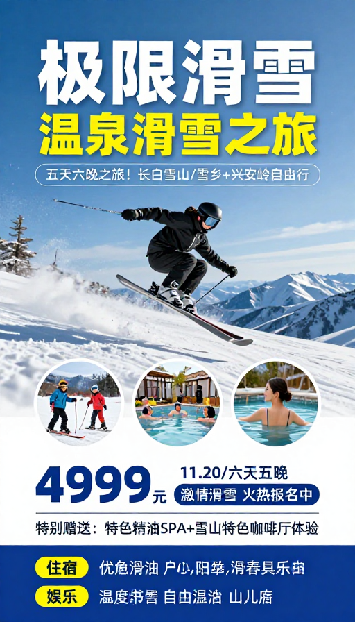 极限滑雪：清新活力冬季旅游海报