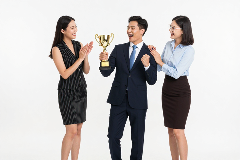 商务团队荣誉时刻：三人领奖庆祝高清写真
