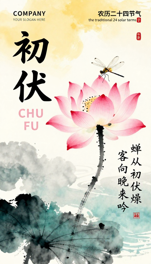 初伏时节水墨插画：静谧雅致风情海报