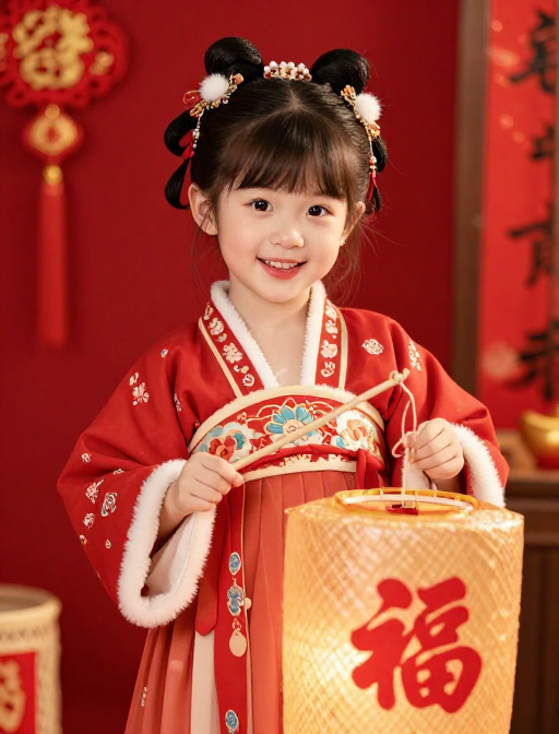 喜庆节日氛围下的可爱汉服小女孩手持福字灯笼特写