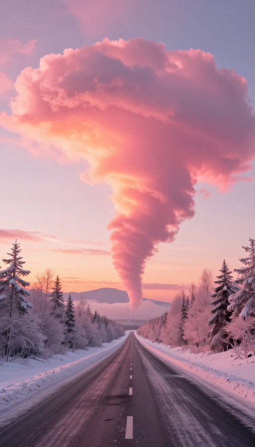 粉色雪景与云端龙卷：梦幻冬日霞光仙境