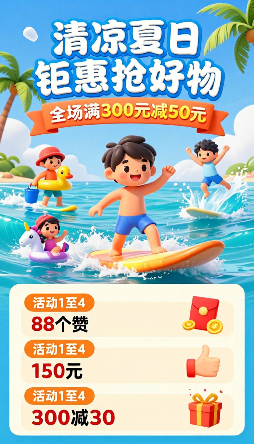 夏日清凉狂欢：3D童趣促销海报