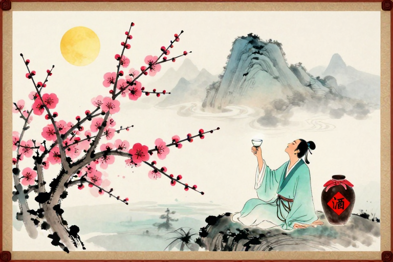 古韵文人邀月图:水墨梅花配青袍酒盏