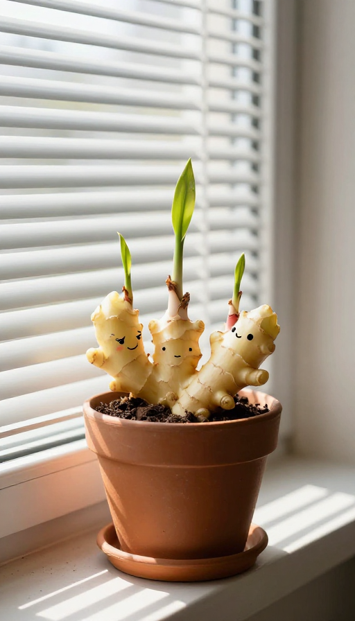 生姜萌趣拟人：窗台晨光下的翡翠嫩芽