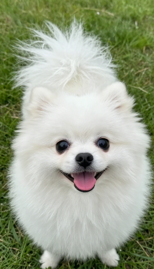 治愈系纯白博美犬特写：萌态十足清新草坪照