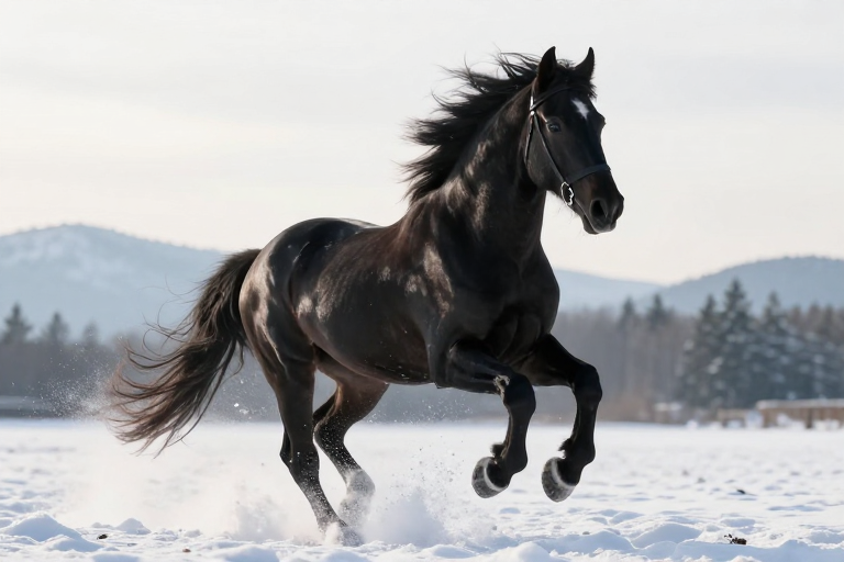 逆光飞驰的黑马：冬日雪景中的动感瞬间