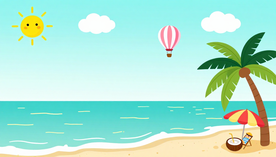 夏日海滩清新插画风背景图,扁平手绘设计