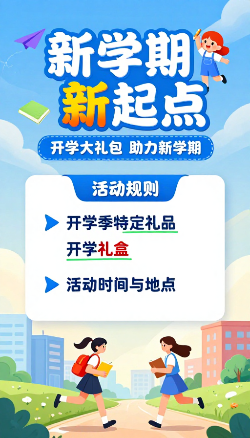 清新童趣插画:新学期新起点 开学大礼包宣传