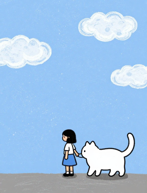 治愈系大白猫与小女孩的蜡笔画时光