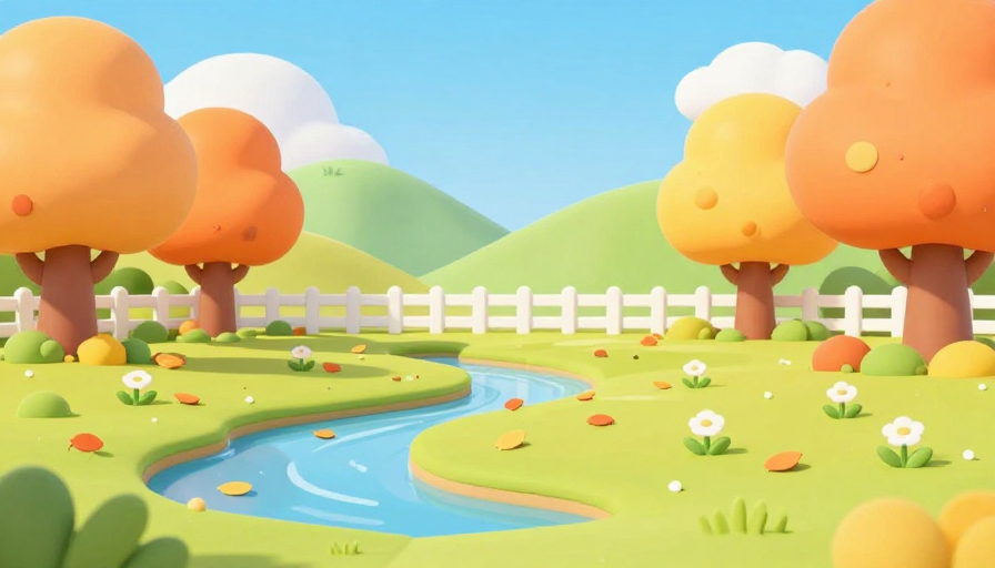 秋日公园3D卡通图，橙黄主调可爱场景