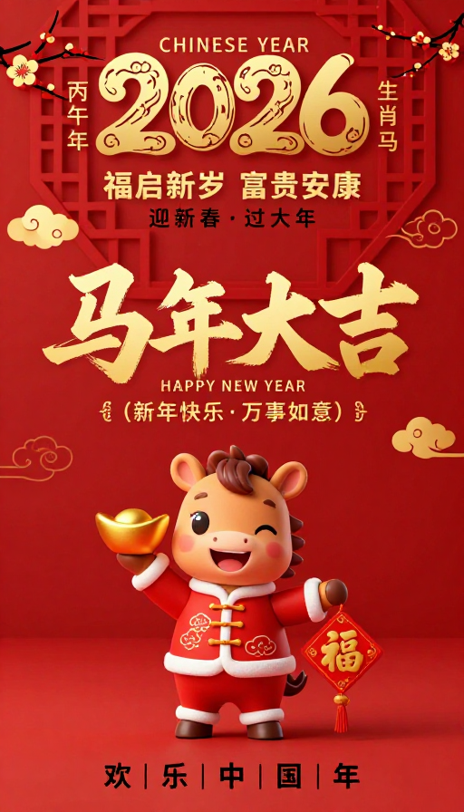 喜庆中国风2026新春海报：马年吉祥贺岁
