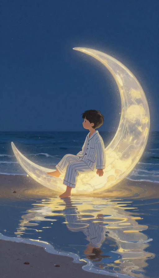 梦幻睡衣男孩与发光弯月的治愈夜晚