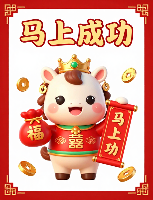 喜庆新年祝福:金色小马与马上成功