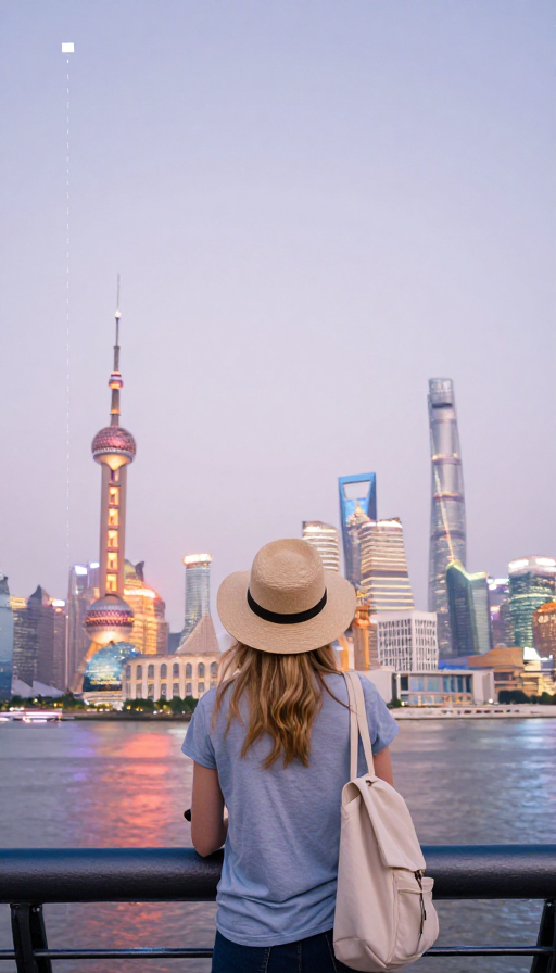 极简上海夜景与旅行者剪影的双重曝光艺术