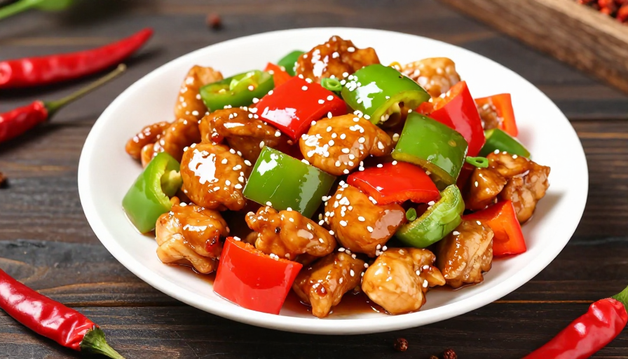 诱人宫保鸡丁:深木桌上美味佳肴特写