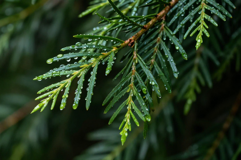 翠绿叶枝水珠特写,自然光影摄影