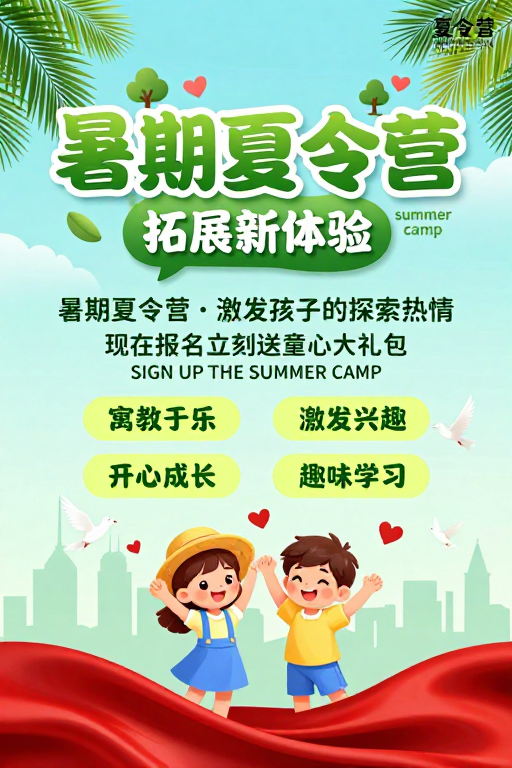 夏日童趣夏令营海报设计,清新活泼推广