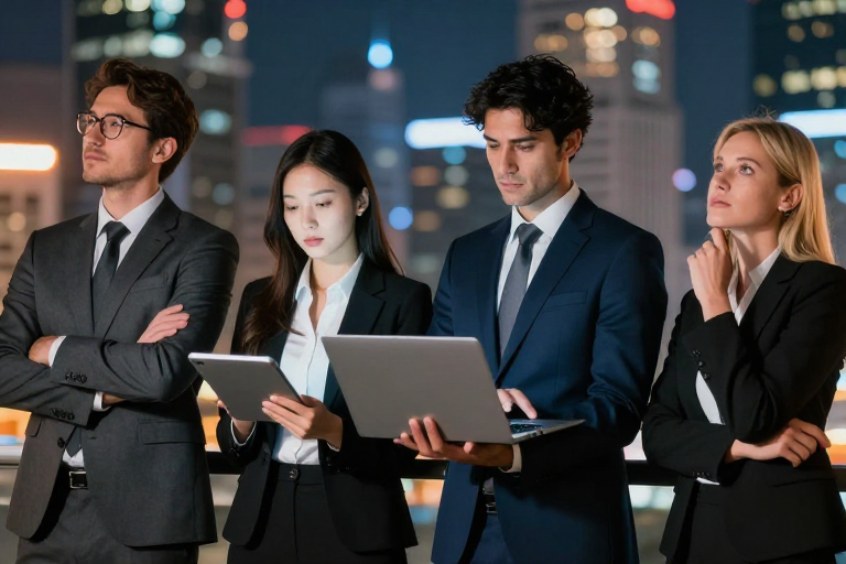 商务精英团队都市夜景合影