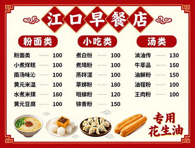 喜庆红白中式江口早餐店菜单海报