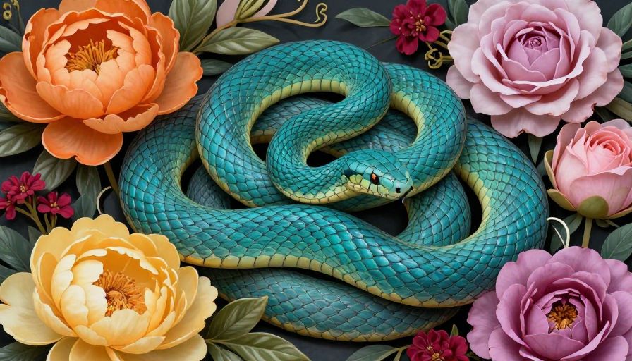 青鳞蛇影盘绕绚烂花丛