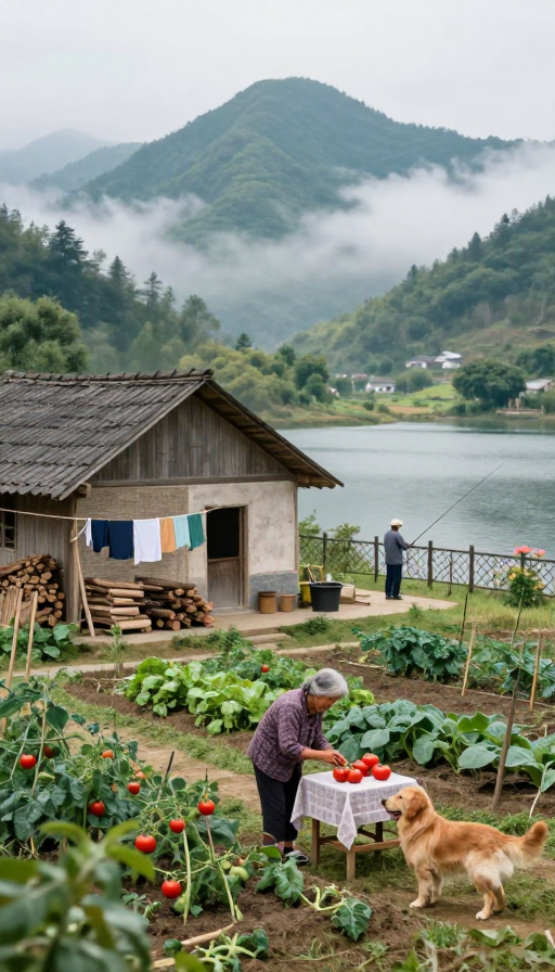 宁静乡村生活：山间小屋与湖畔垂钓