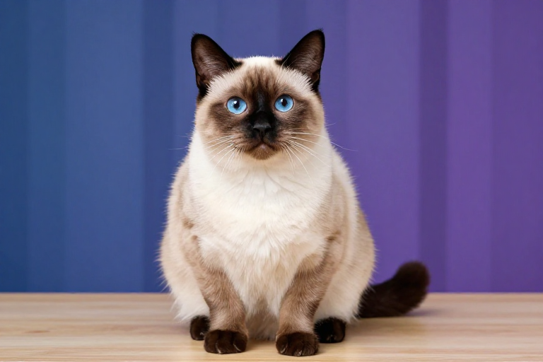 暹罗猫优雅坐姿特写,蓝紫渐变背景,宠物广告高清摄影