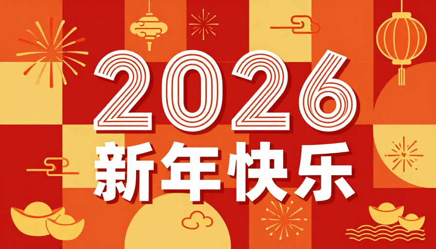 喜庆新年扁平插画海报：金色与红色的2026祝福
