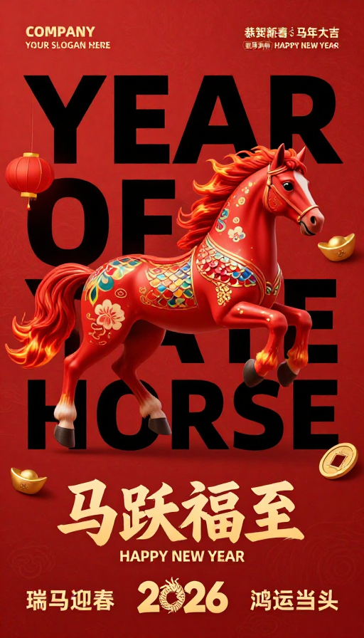 红色中国风马年新春海报，跃骏纳福迎吉庆