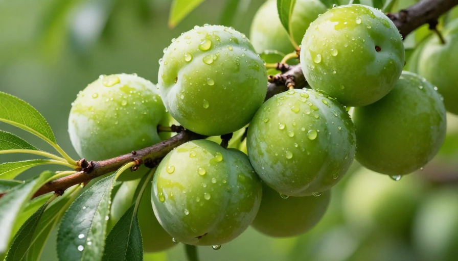 清新青李特写：水珠映光，绿叶映衬