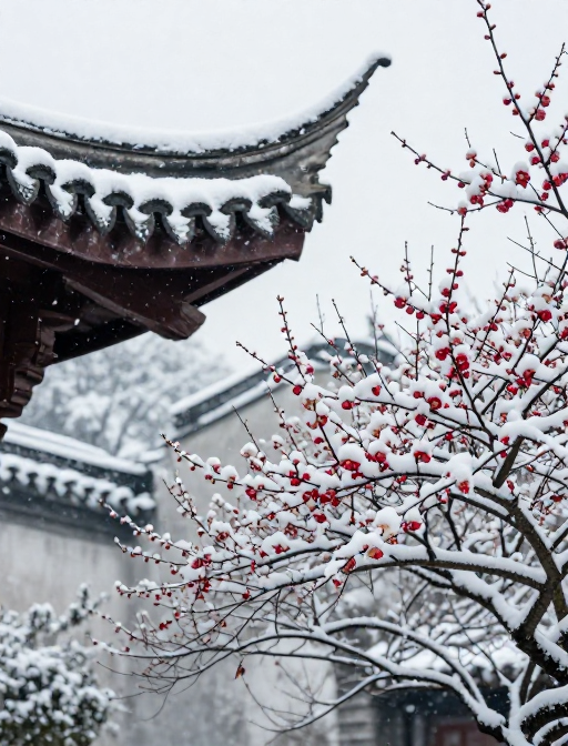 雪落红梅映古韵