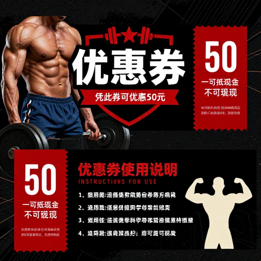黑红健身优惠券海报:50元抵用券的视觉冲击