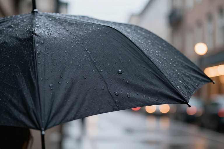 阴雨天都市暖光与冷调交织的黑伞特写