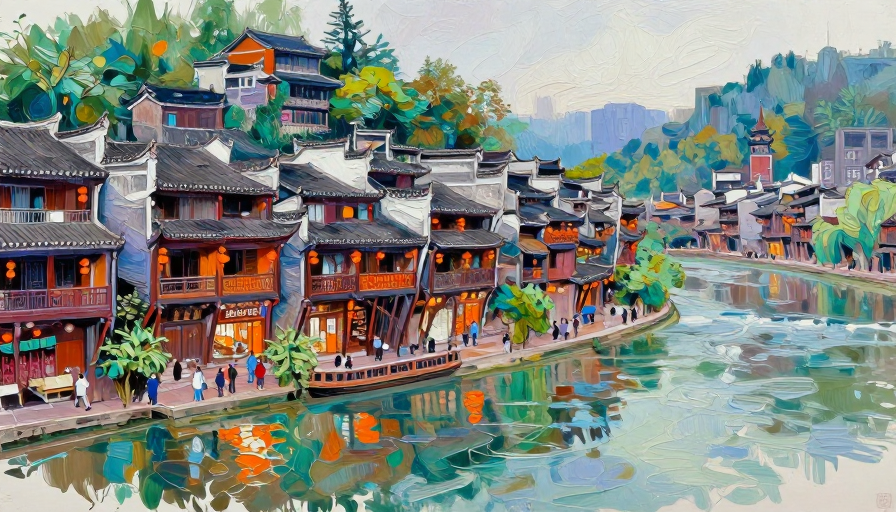 湘西凤凰古城手绘风光图：油画厚涂的浪漫夜景