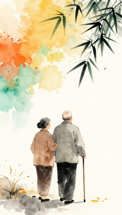 水墨淡彩秋日暖:老夫妇背影缓步前行